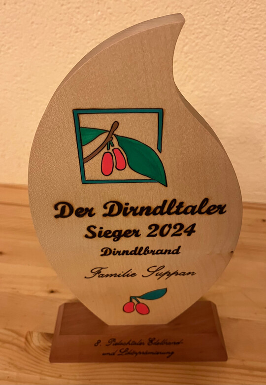 Die begehrte Holztrophe fr den Kategoriesieger: der goldene Dirndltaler
