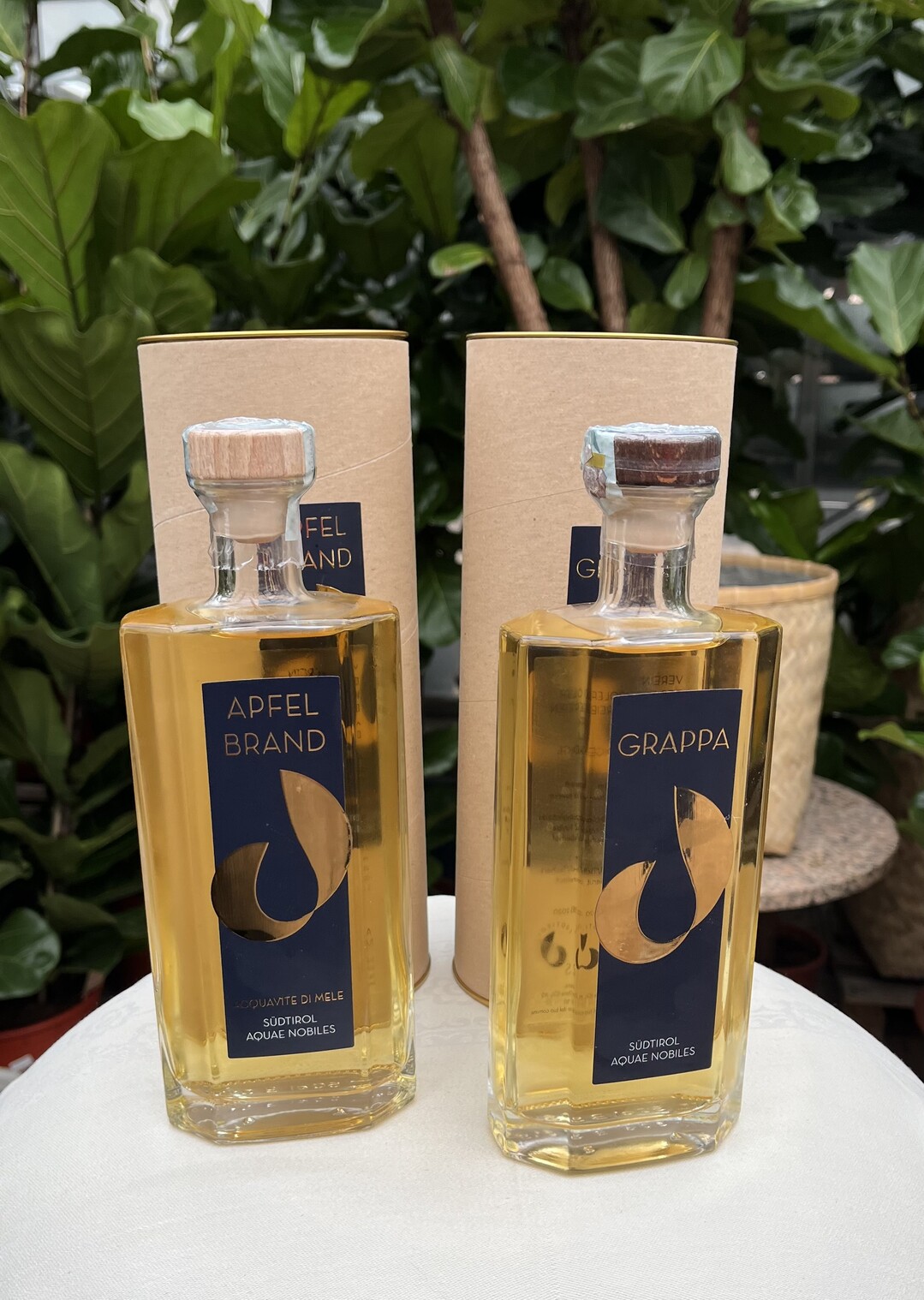 Die Gemeinschaftsbrnde der Sdtiroler Hofbrennereien: Aquae Nobilis Apfelbrand und Aquae Nobilis Grappa in formschnen Halbliterflachen mit edlem Etikett)